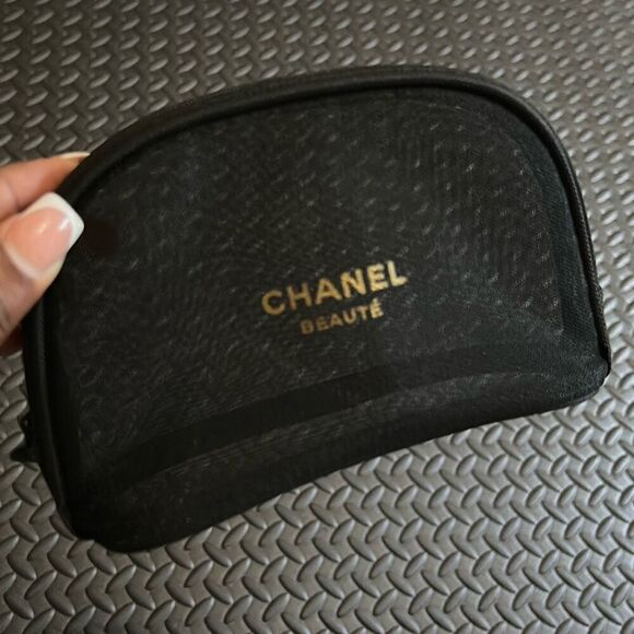 Chanel Beauty Women's Zip Around Crescent Cosmetic Bag Black Mesh Travel Pouch - Picture 9 of 12